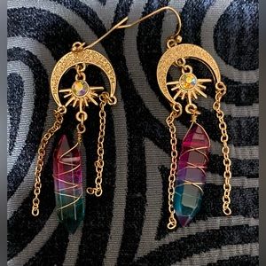 Moon and star with wire wrapped crystal earrings